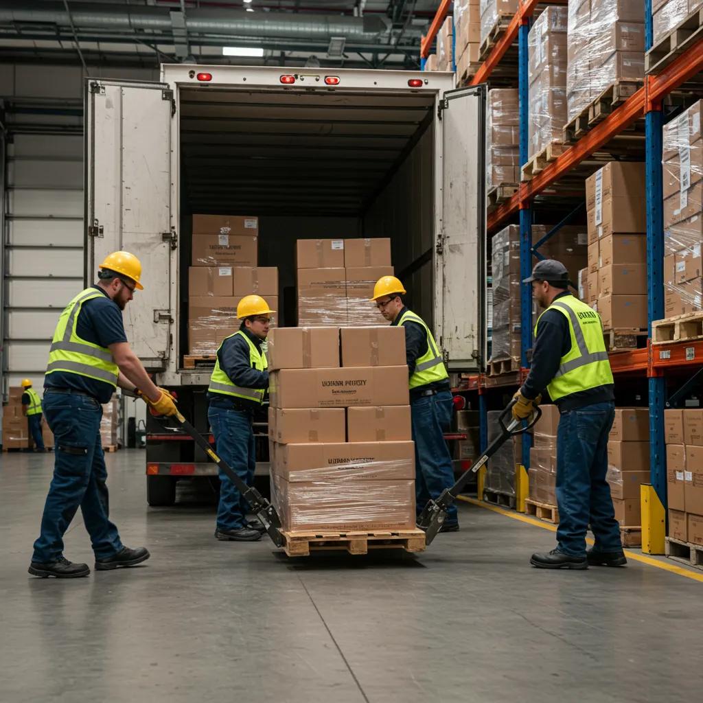 Team of trained lumpers unloading a truck at a distribution center, illustrating warehouse efficiency