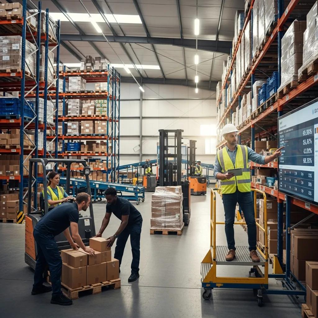 Warehouse manager overseeing a team, emphasizing effective management and productivity in staffing solutions