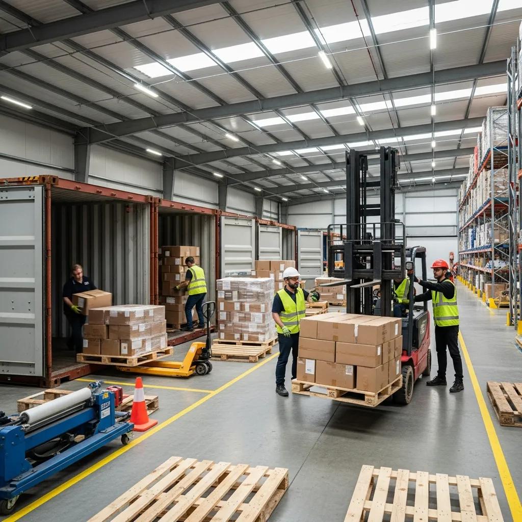 Warehouse workers unloading shipping containers with specialized equipment, enhancing logistics efficiency