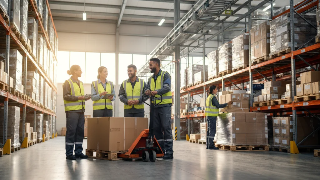 Diverse warehouse staffing team in safety vests collaborating on a distribution floor