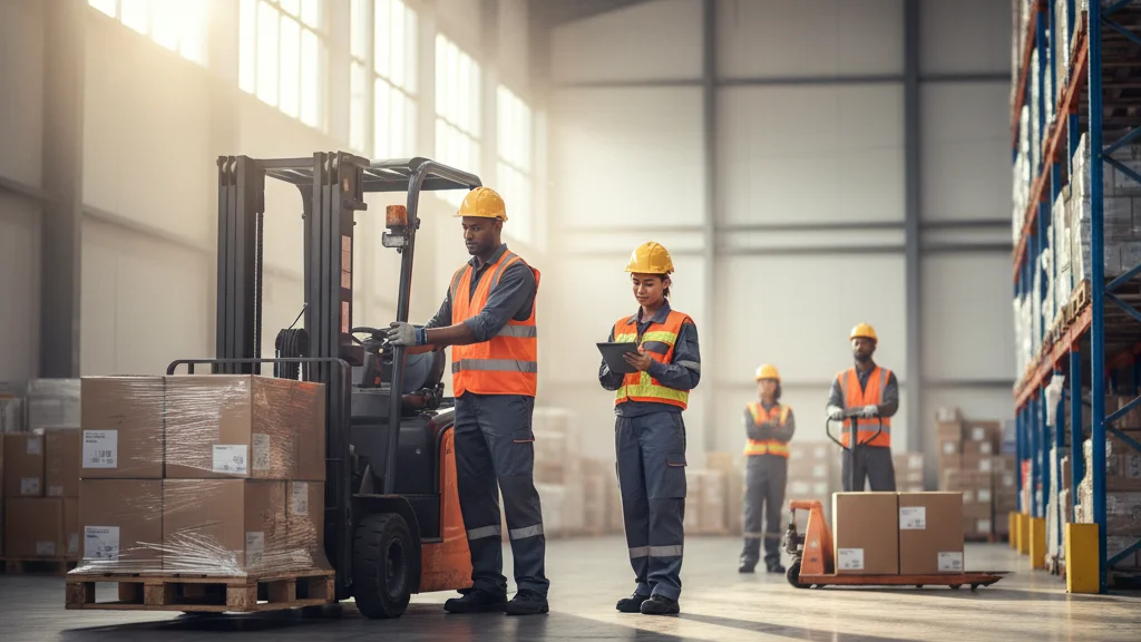 Freight handler workers in safety vests operating a forklift inside a warehouse