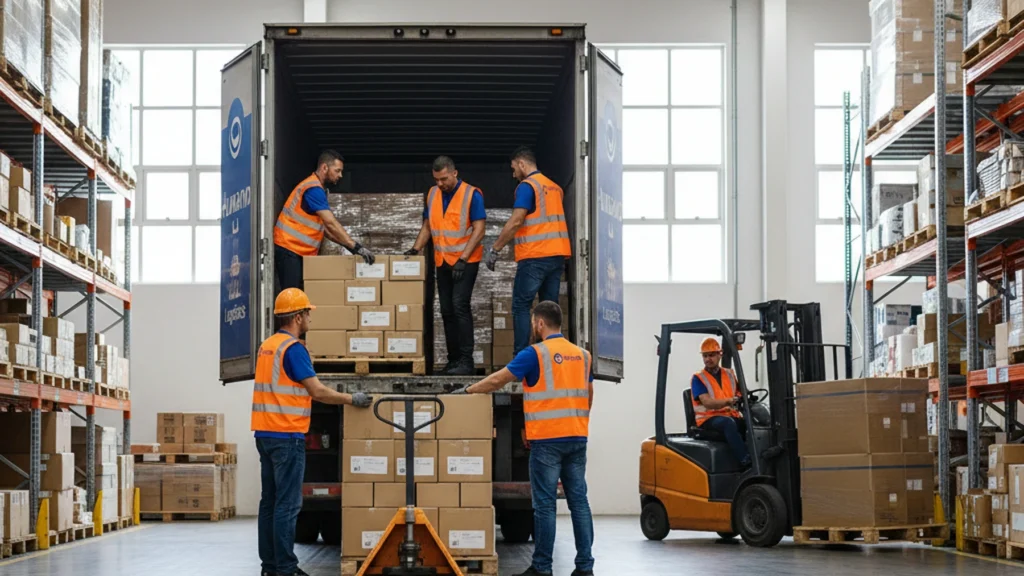 Warehouse workers in safety vests unloading freight from a truck trailer with a forklift nearby