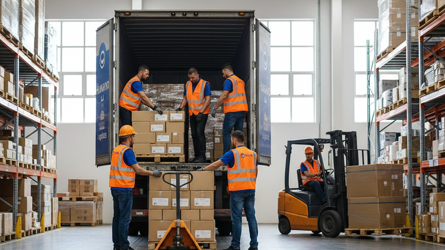 Warehouse workers in safety vests unloading freight from a truck trailer with a forklift nearby