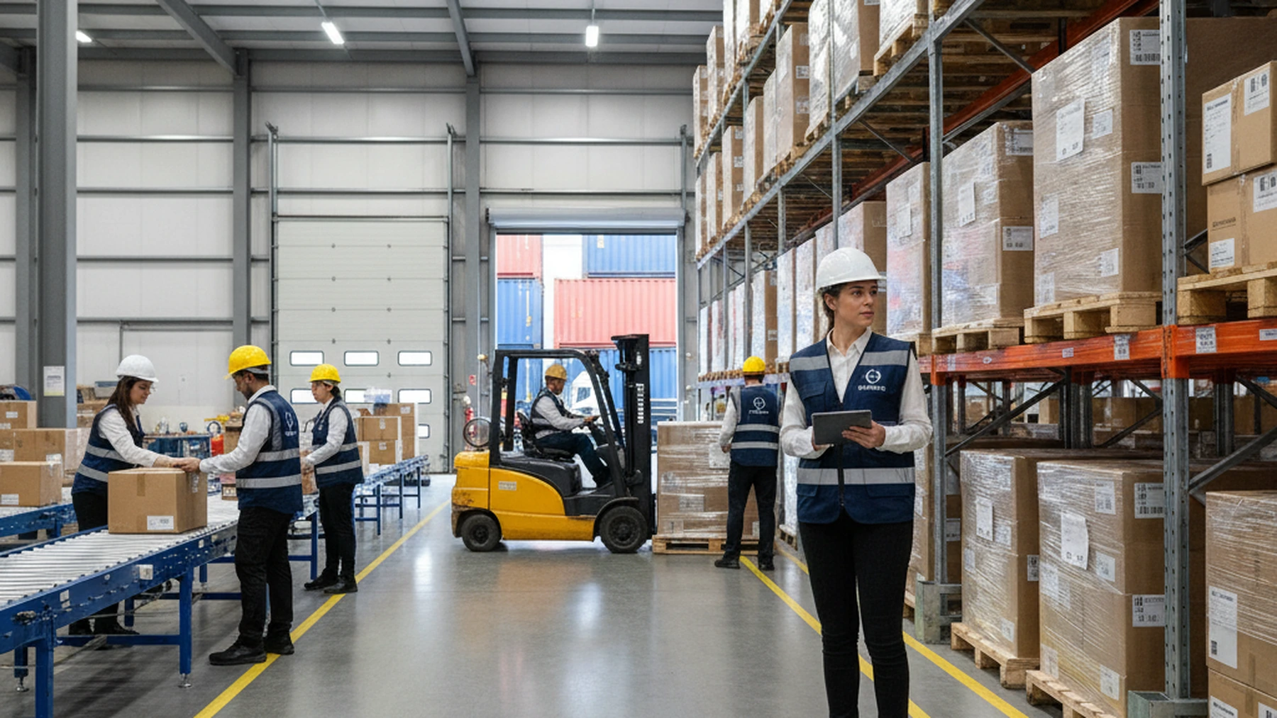 Warehouse staffing team managing inventory and forklift operations on a busy distribution floor