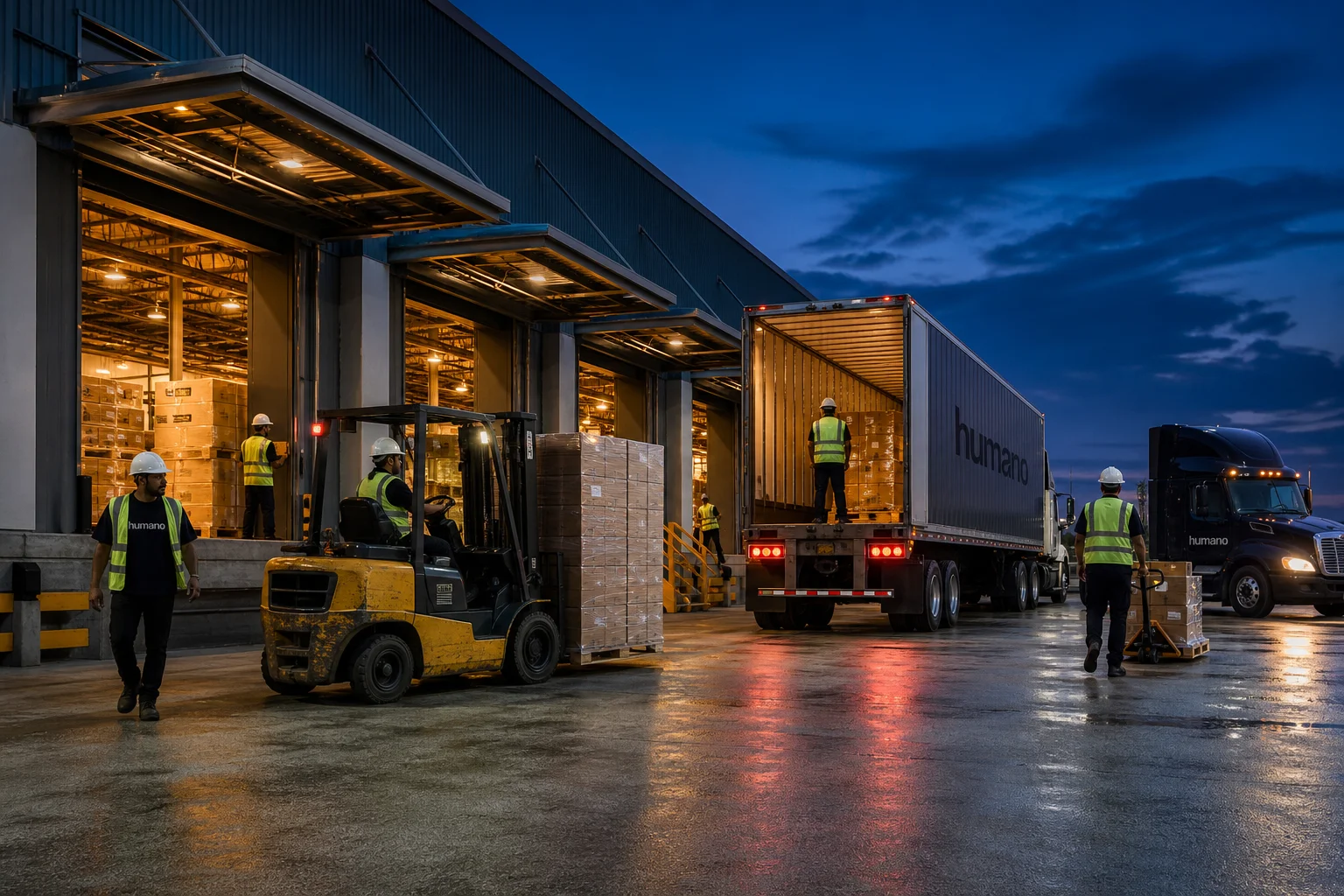 Warehouse workers managing container unloading at a distribution center loading dock, illustrating staffing the future of logistics operations