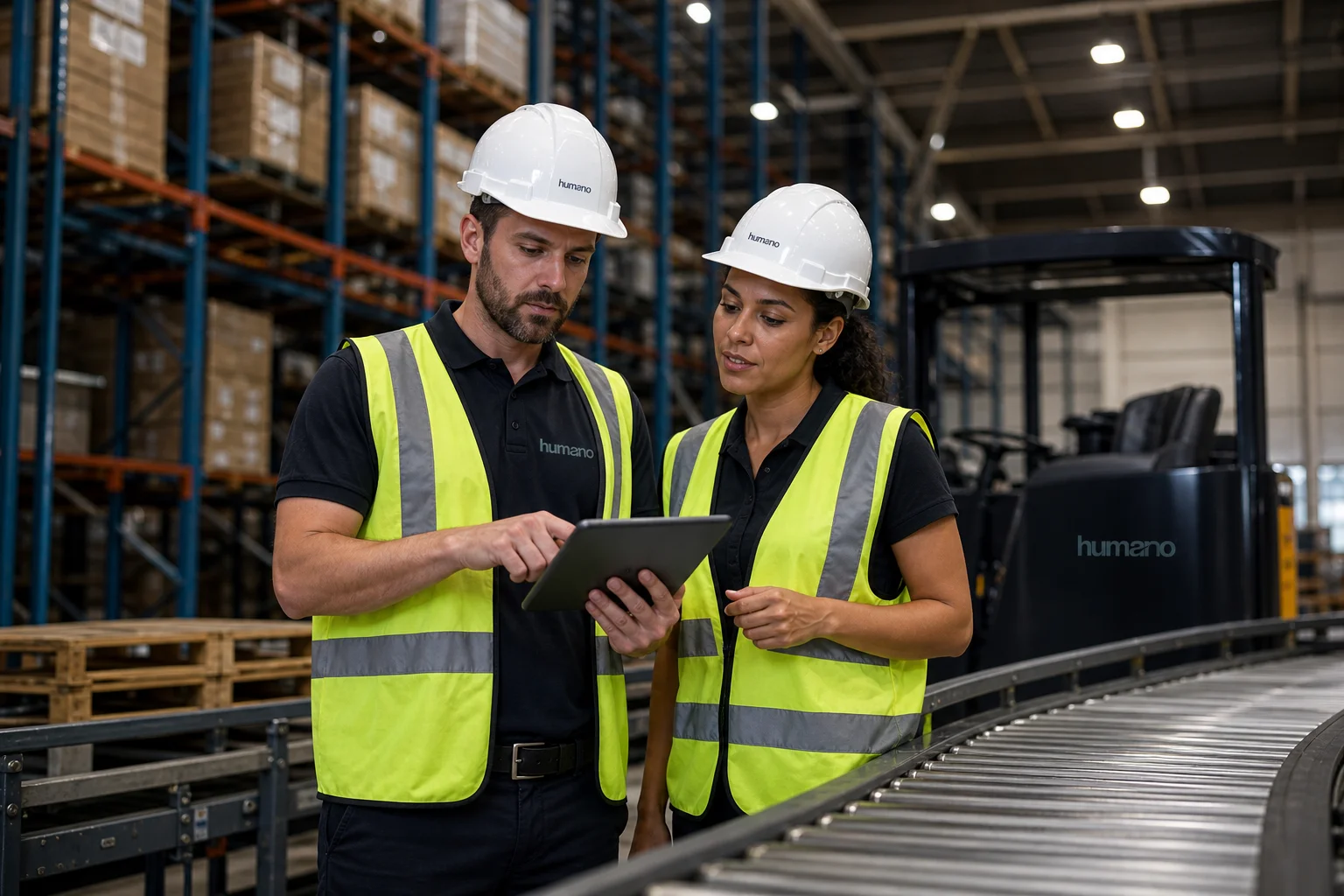 Humano logistics team members in branded safety vests reviewing digital tablets near an automated conveyor system in a modern distribution center warehouse