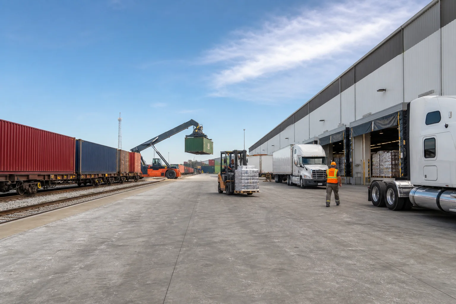 Lumper crew transferring pallets from a rail container to semi-trucks at a regional transload facility