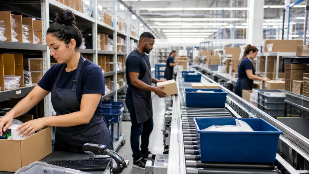 evaluating a fulfillment partner: workers at pick and pack stations in an ecommerce fulfillment center