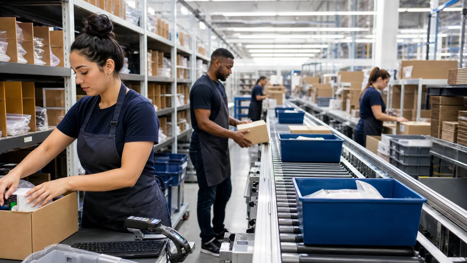 evaluating a fulfillment partner: workers at pick and pack stations in an ecommerce fulfillment center