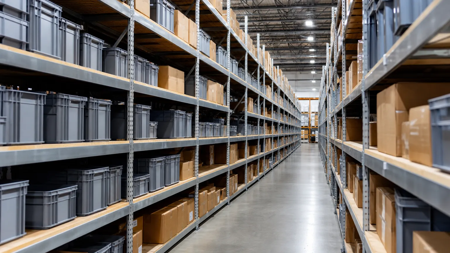 rows of organized inventory shelving in a fulfillment warehouse