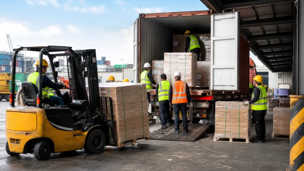 dedicated lumper crew unloading a shipping container at a distribution center dock