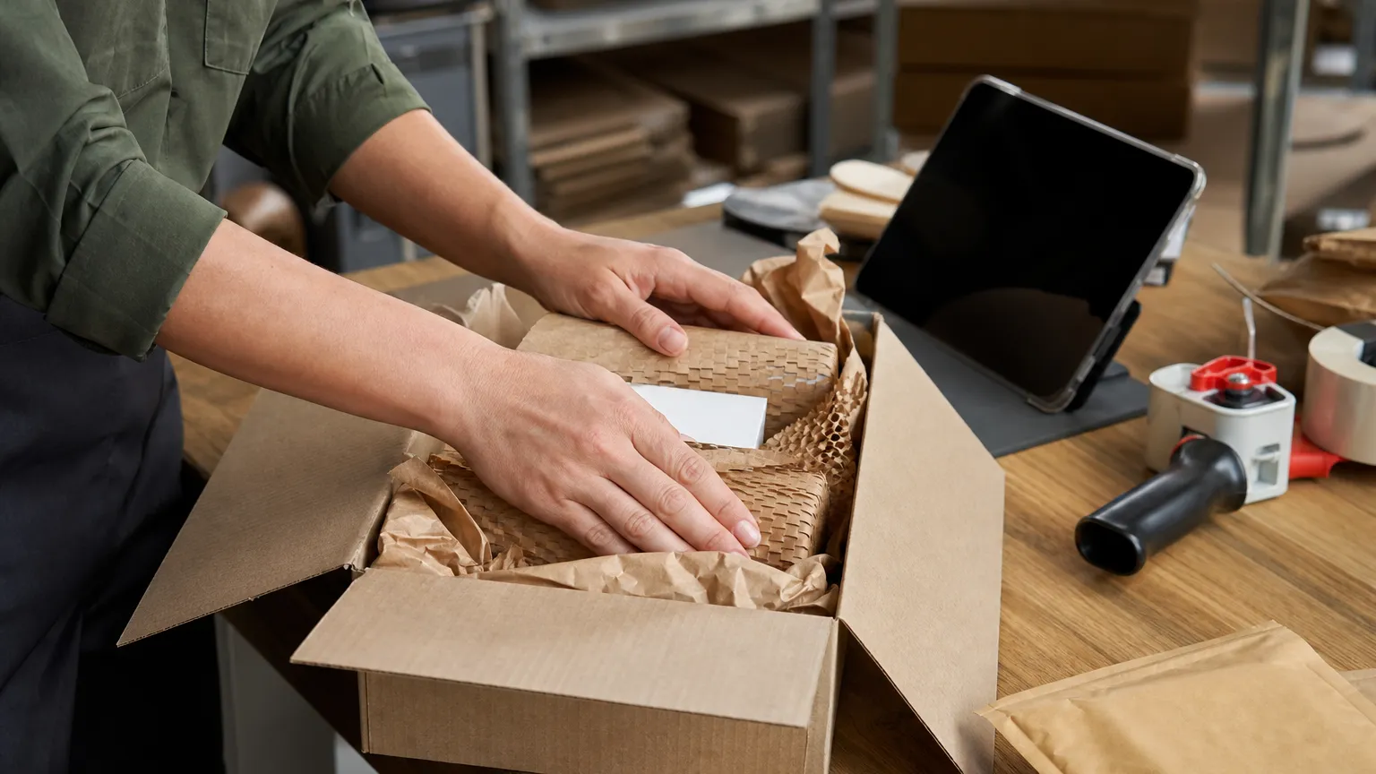 hands packing a shipping box at a pick and pack station