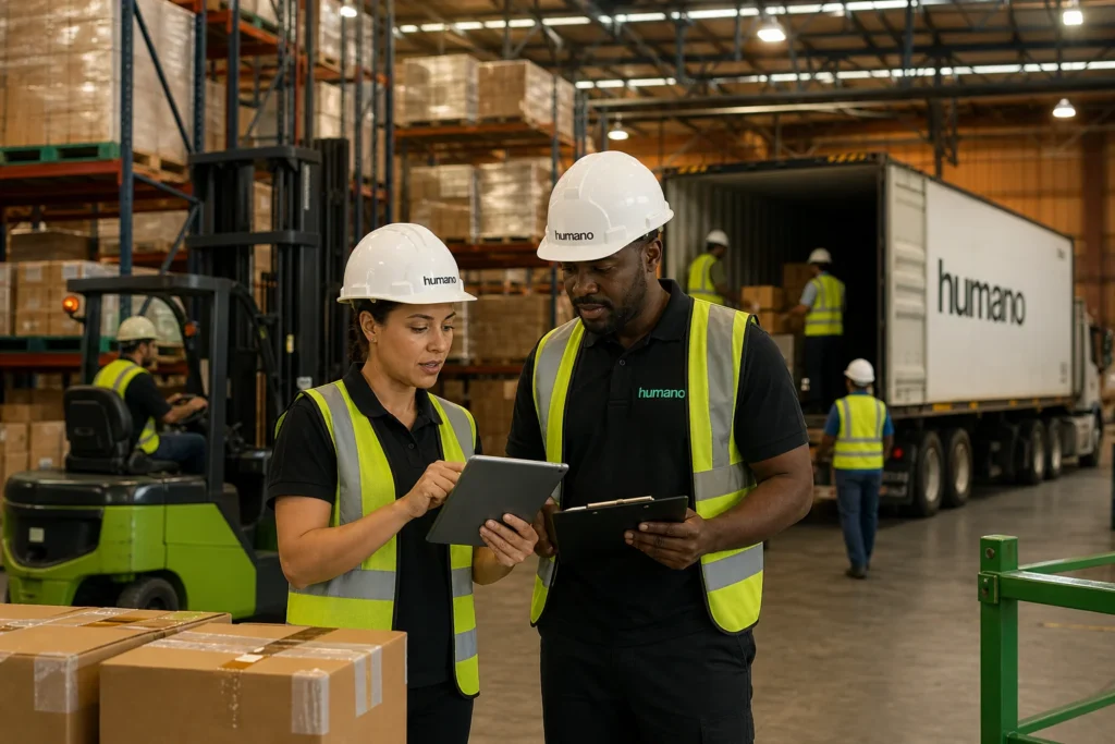 Warehouse operations team reviewing labor management software data inside a distribution center with container loading docks