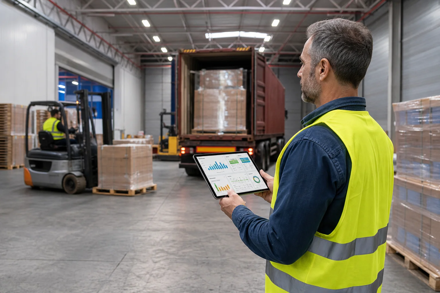 A warehouse supervisor reviewing real-time labor performance data on a tablet while lumper crews unload shipping containers in the background at a busy distribution center