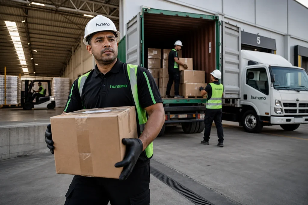 Humano warehouse workers unloading a shipping container at a distribution center loading dock, representing professional working in a warehouse operations