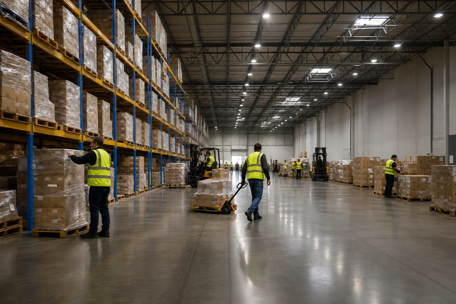 Warehouse workers organizing inventory on tall shelving racks inside a large distribution center with forklifts and pallets in the background