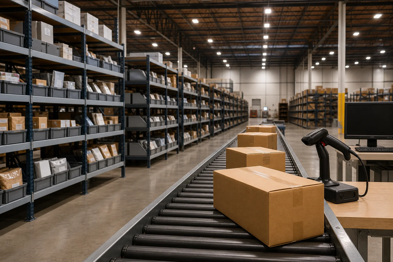 Organized pick and pack fulfillment warehouse interior showing labeled shelving and conveyor systems at a Dallas distribution center