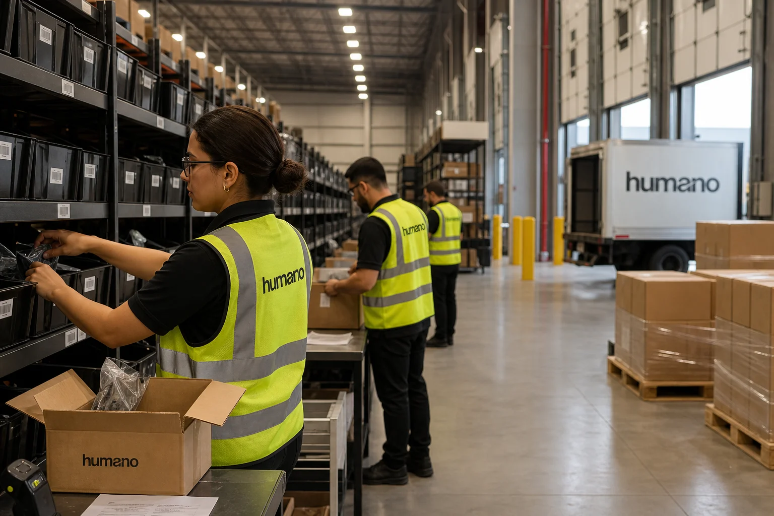 Warehouse workers in branded vests processing dtc pick and pack cost per unit orders at a fulfillment center