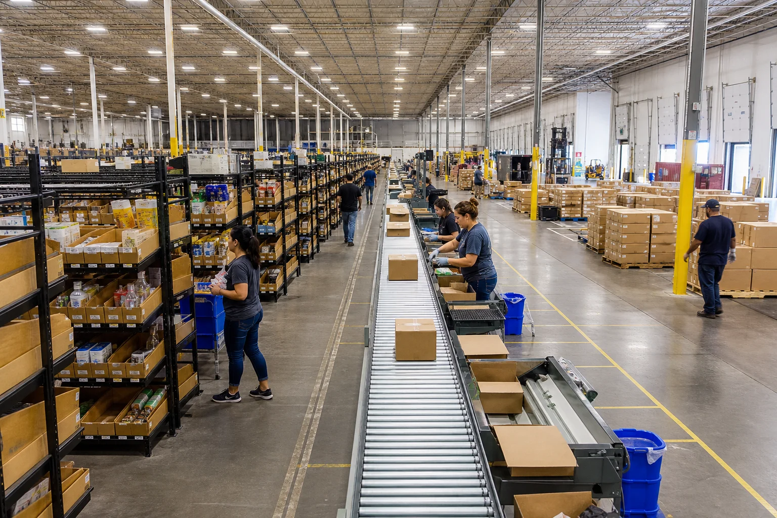 Workers at a fulfillment center processing DTC orders with organized pick pack stations and pallet staging