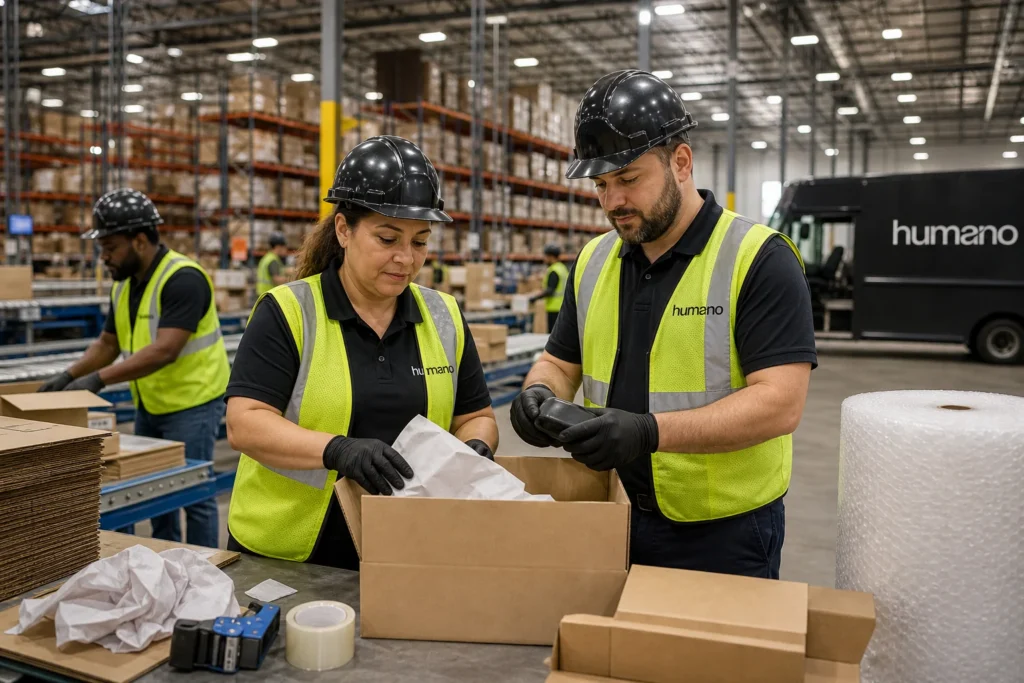 Warehouse team processing pick and pack orders at a New Jersey fulfillment center packing station
