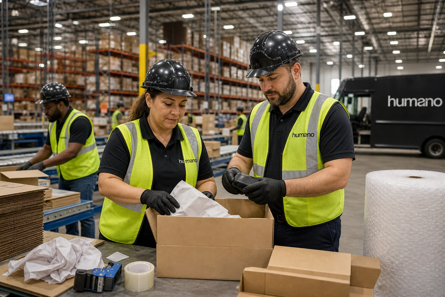 Warehouse team processing pick and pack orders at a New Jersey fulfillment center packing station