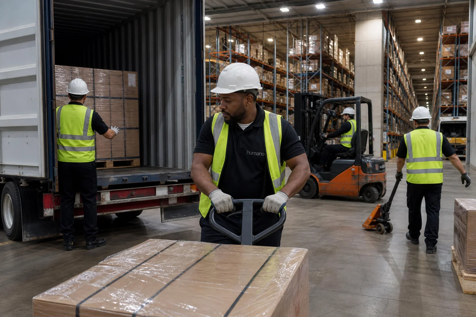 Lumper crew unloading containers and staging pallets inside a New Jersey warehouse fulfillment center