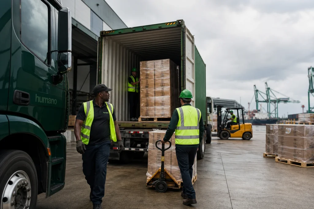 Professional logistics crew unloading shipping containers at a port-adjacent warehouse facility supporting Savannah DTC fulfillment operations