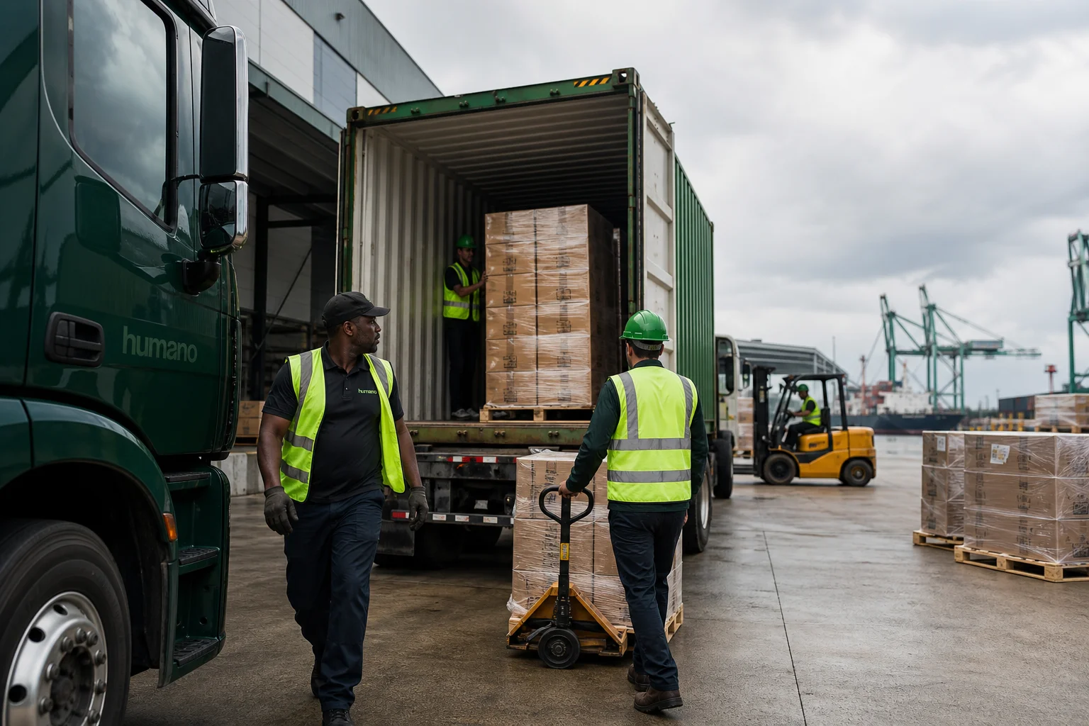 Professional logistics crew unloading shipping containers at a port-adjacent warehouse facility supporting Savannah DTC fulfillment operations