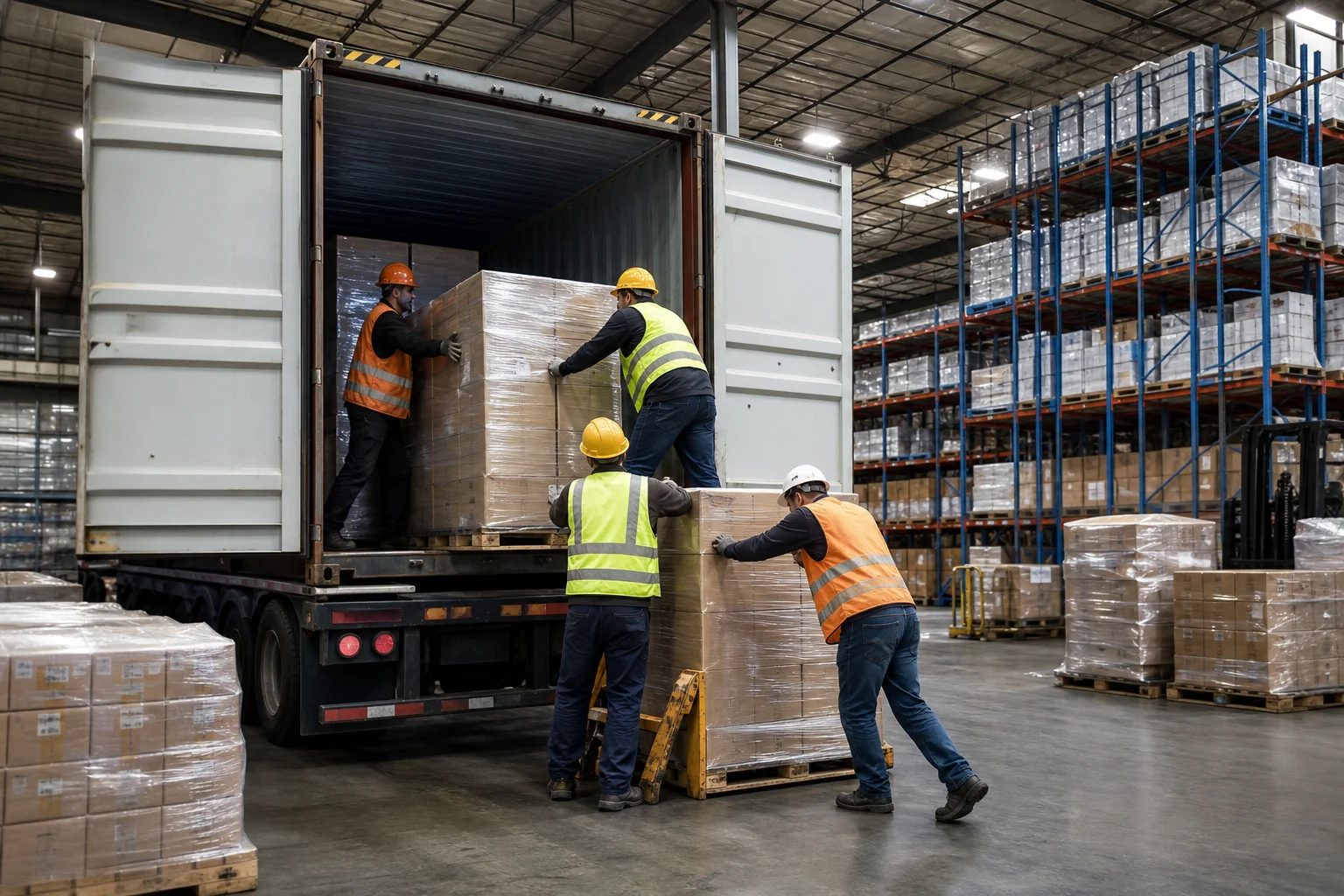 Professional lumper crew unloading shipping containers at a port-adjacent Savannah distribution center, organizing pallets for DTC order fulfillment