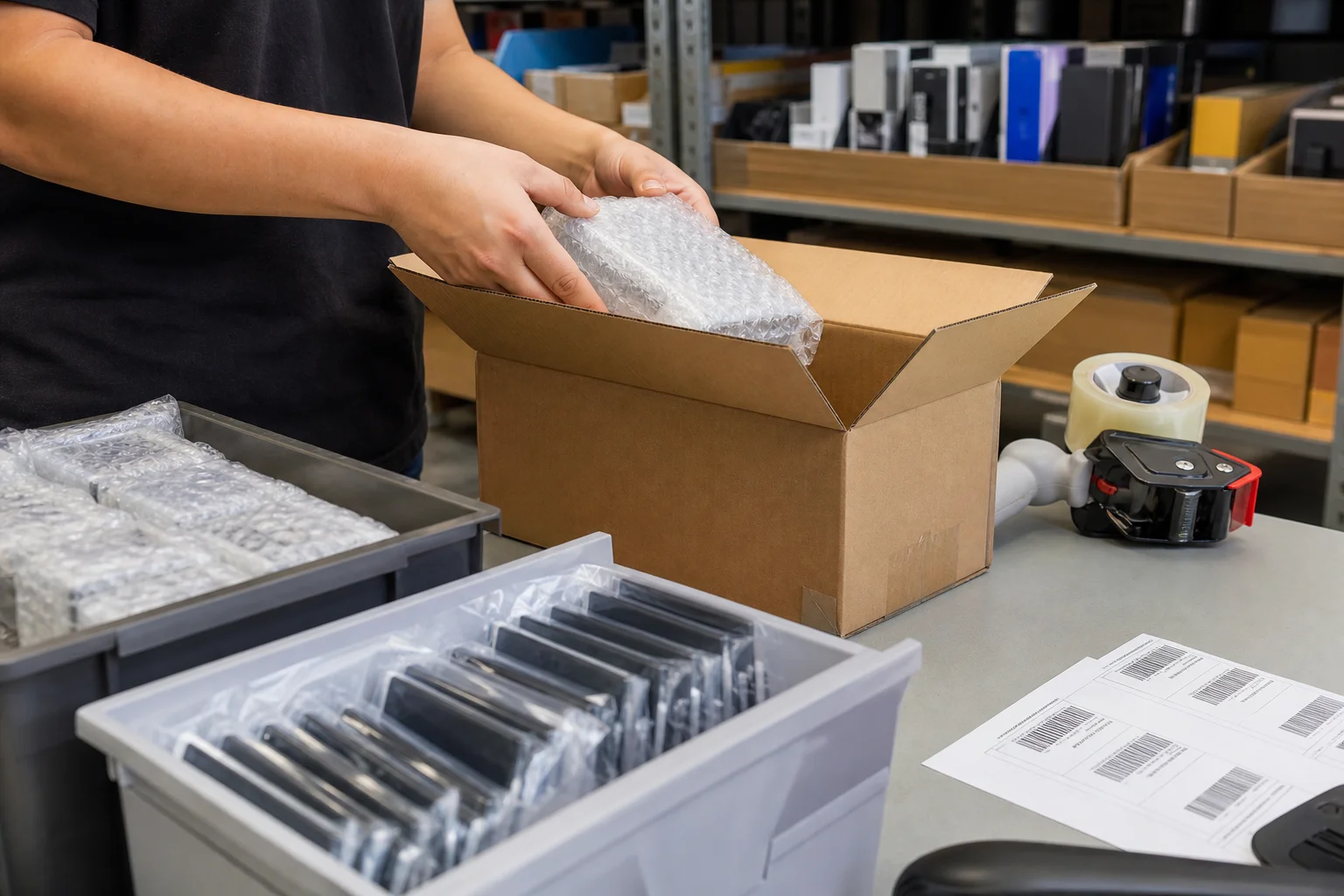 Warehouse packing station showing pick pack order fulfillment operations inside a Southern California fulfillment center
