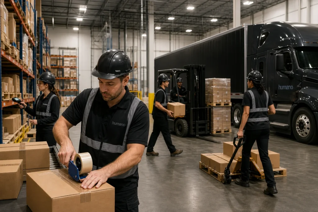 Warehouse crew handling pick pack work under an annual cost-per-unit fulfillment contract