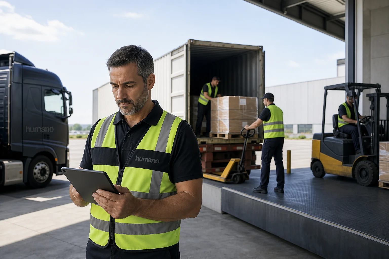 Warehouse dock crew unloading a shipping container, representing the Capstone Logistics vs a managed cost-per-unit crew staffing comparison