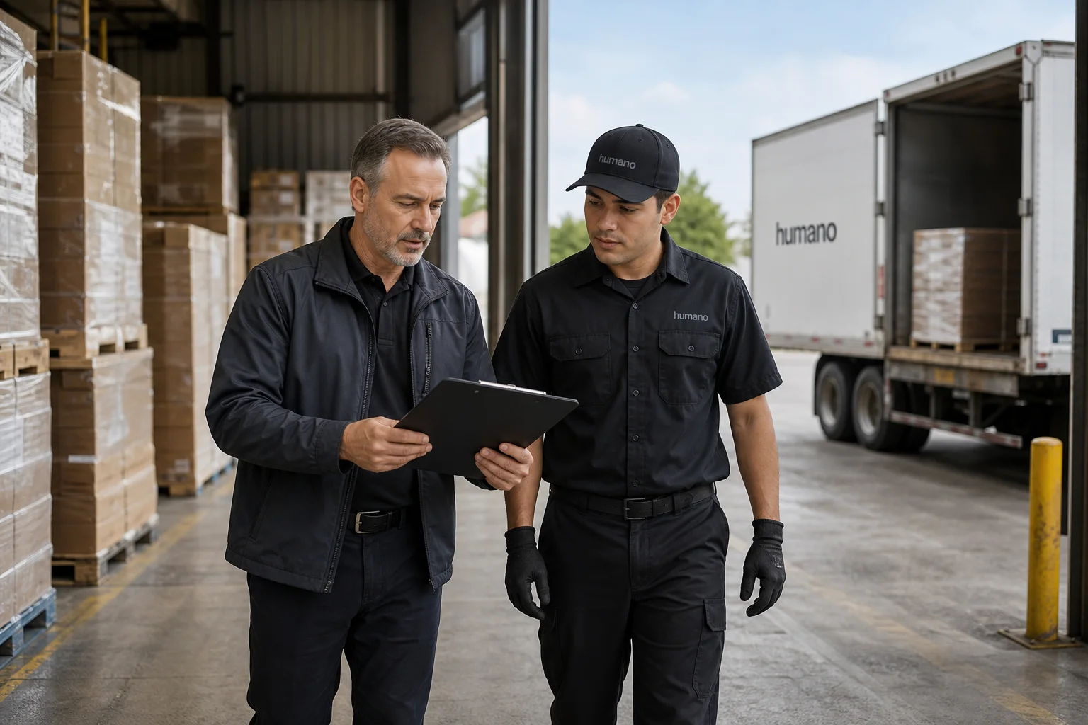 Warehouse manager and crew lead reviewing a clipboard during a dock crew transition