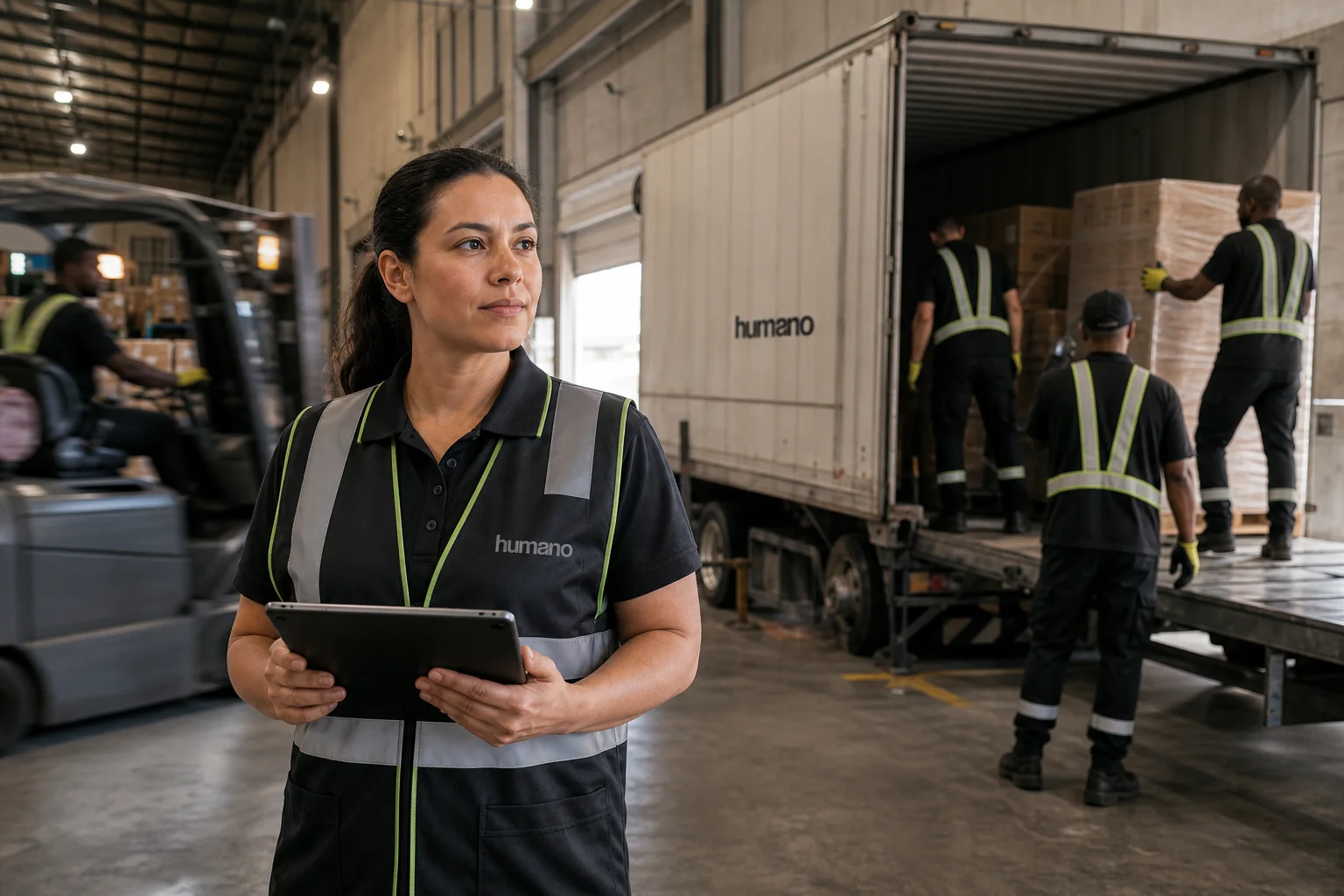 Humano warehouse crew loading pallets while a supervisor reviews a flexible staffing schedule for a scaling fulfillment operation