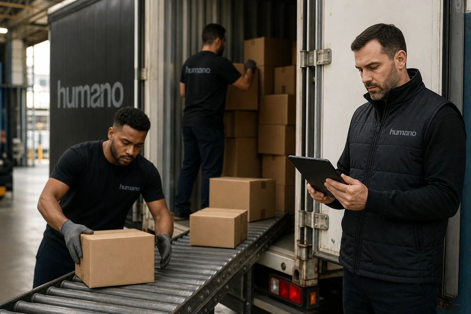 Warehouse crew unloading a shipping container while a supervisor reviews a staffing schedule on a tablet