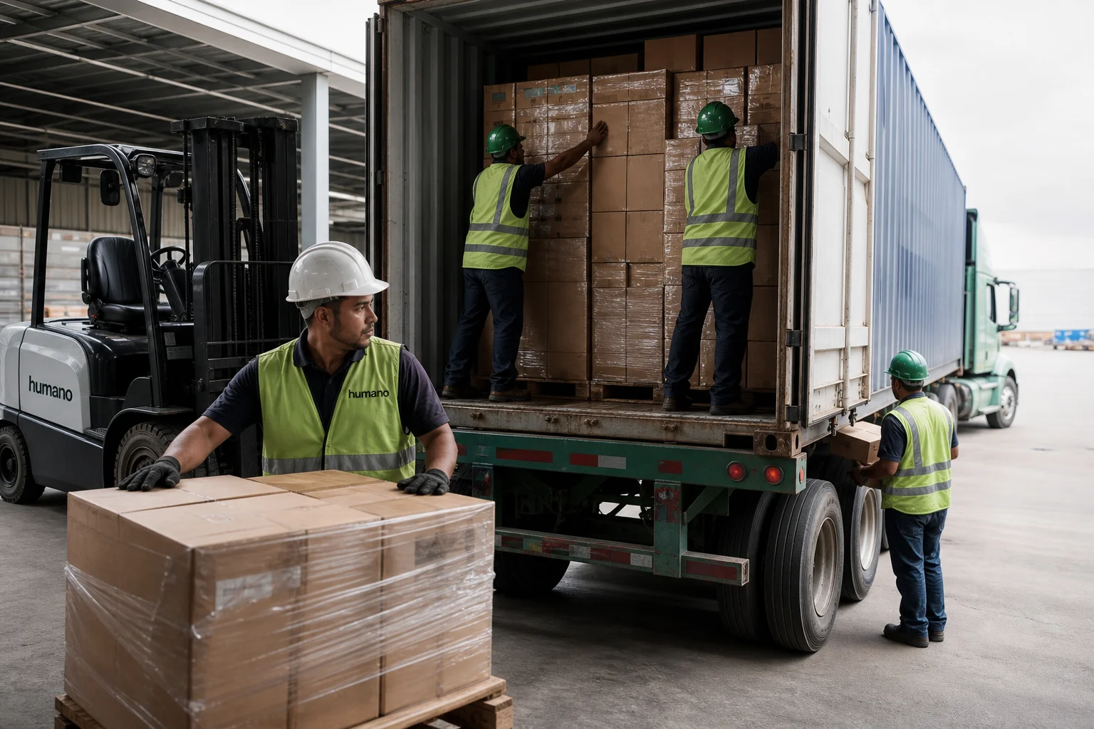 Logistics crew loading a shipping container to optimize container loading cost per unit at a Humano distribution dock