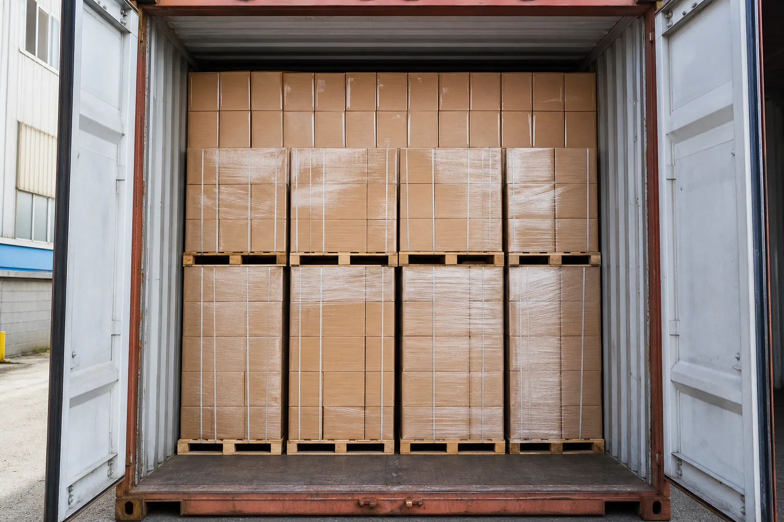 Warehouse crew stacking pallets inside a shipping container during a per-container loading job