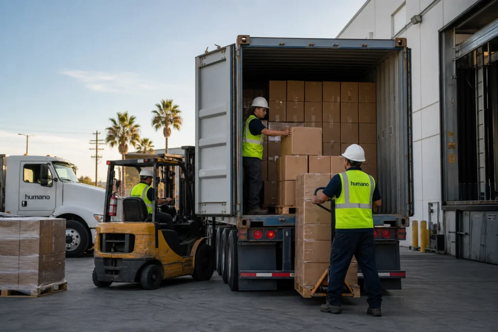 Lumper crew performing container loading in southern california at a distribution center dock near Los Angeles and Long Beach