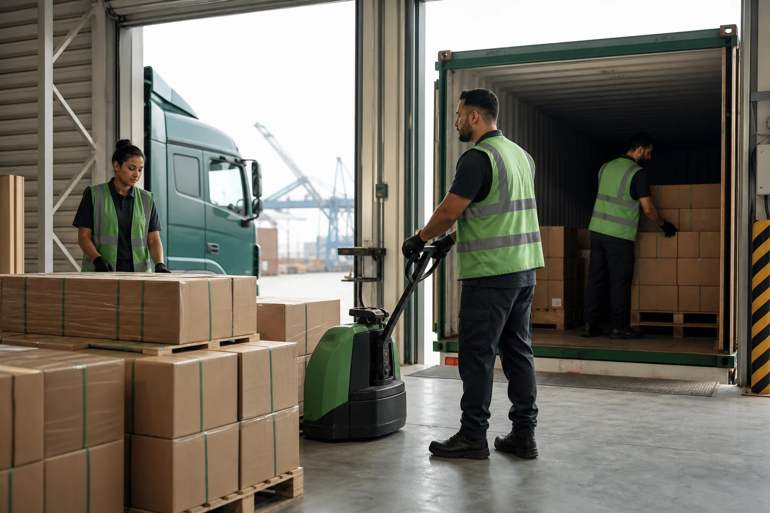 Humano freight handlers devanning a shipping container at a port-adjacent distribution center dock