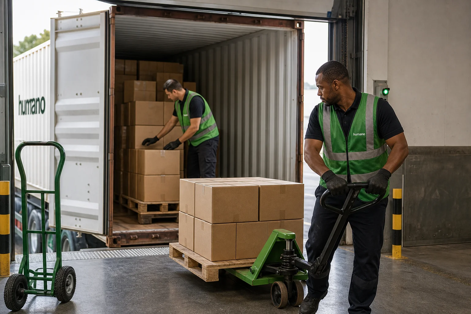 Freight handlers in safety vests devanning pallets from a shipping container at a port-adjacent distribution center dock
