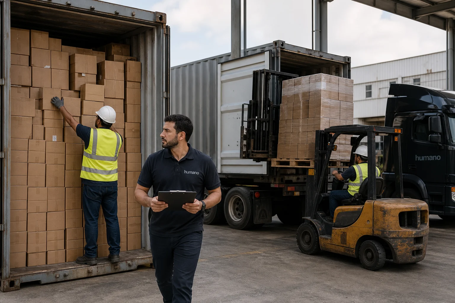 Warehouse crew comparing floor-loaded vs palletized container loading during a dock unload