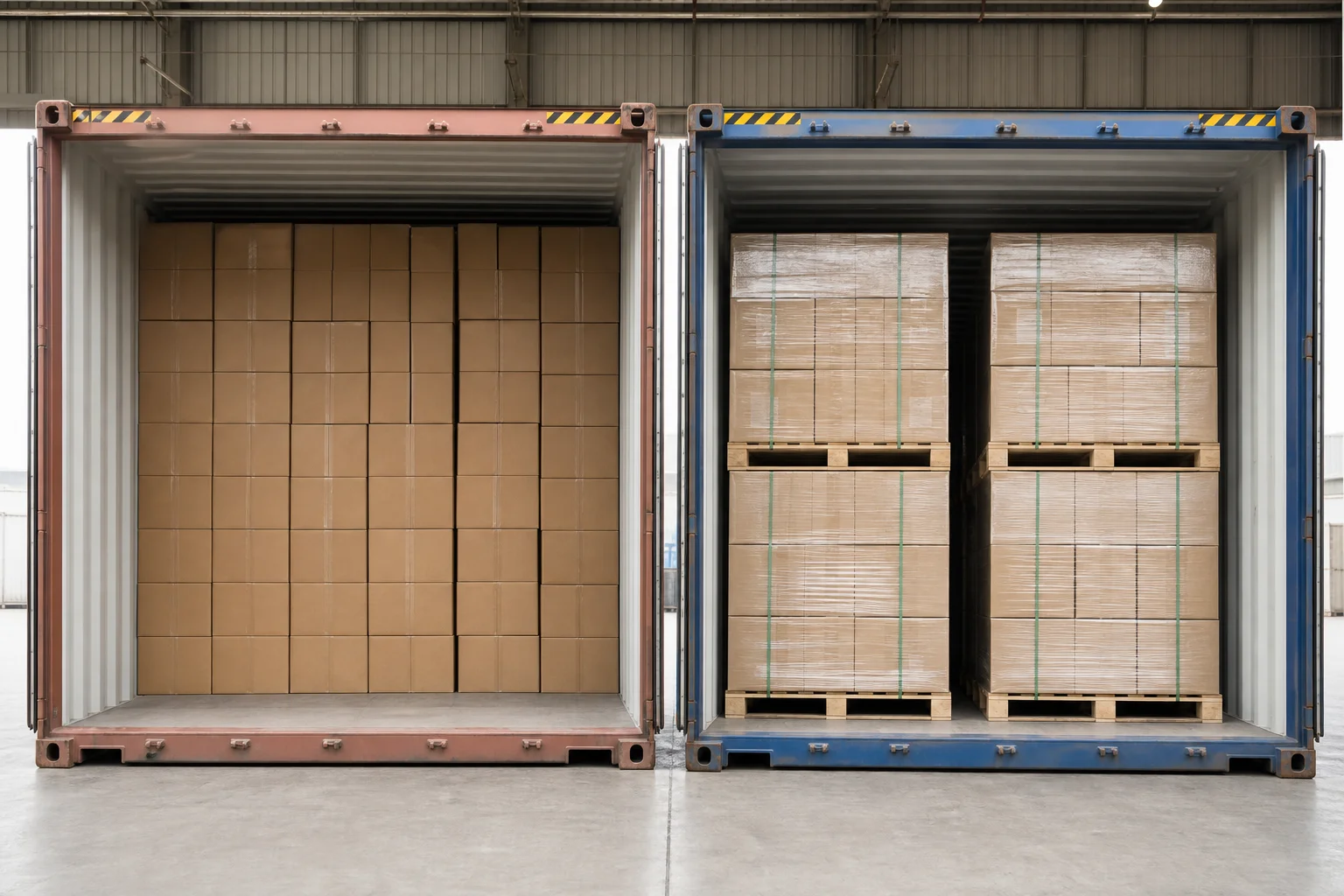 Side by side view of a floor loaded container floor packed with cartons next to a palletized container loaded with pallets