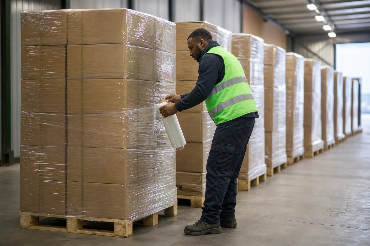 stretch wrapped pallets staged in a distribution center, work priced per unit handled