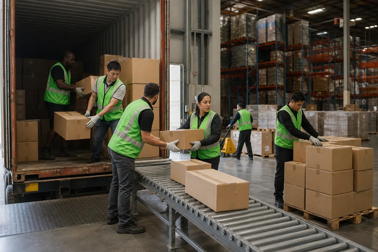 warehouse crew unloading a shipping container onto a conveyor at a third party logistics distribution center