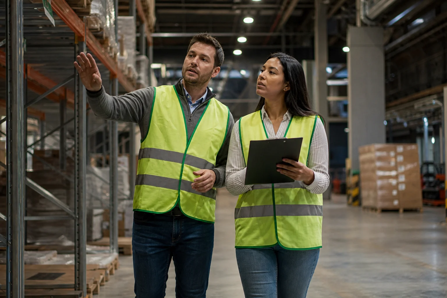 logistics managers walking a distribution center floor during a facility assessment