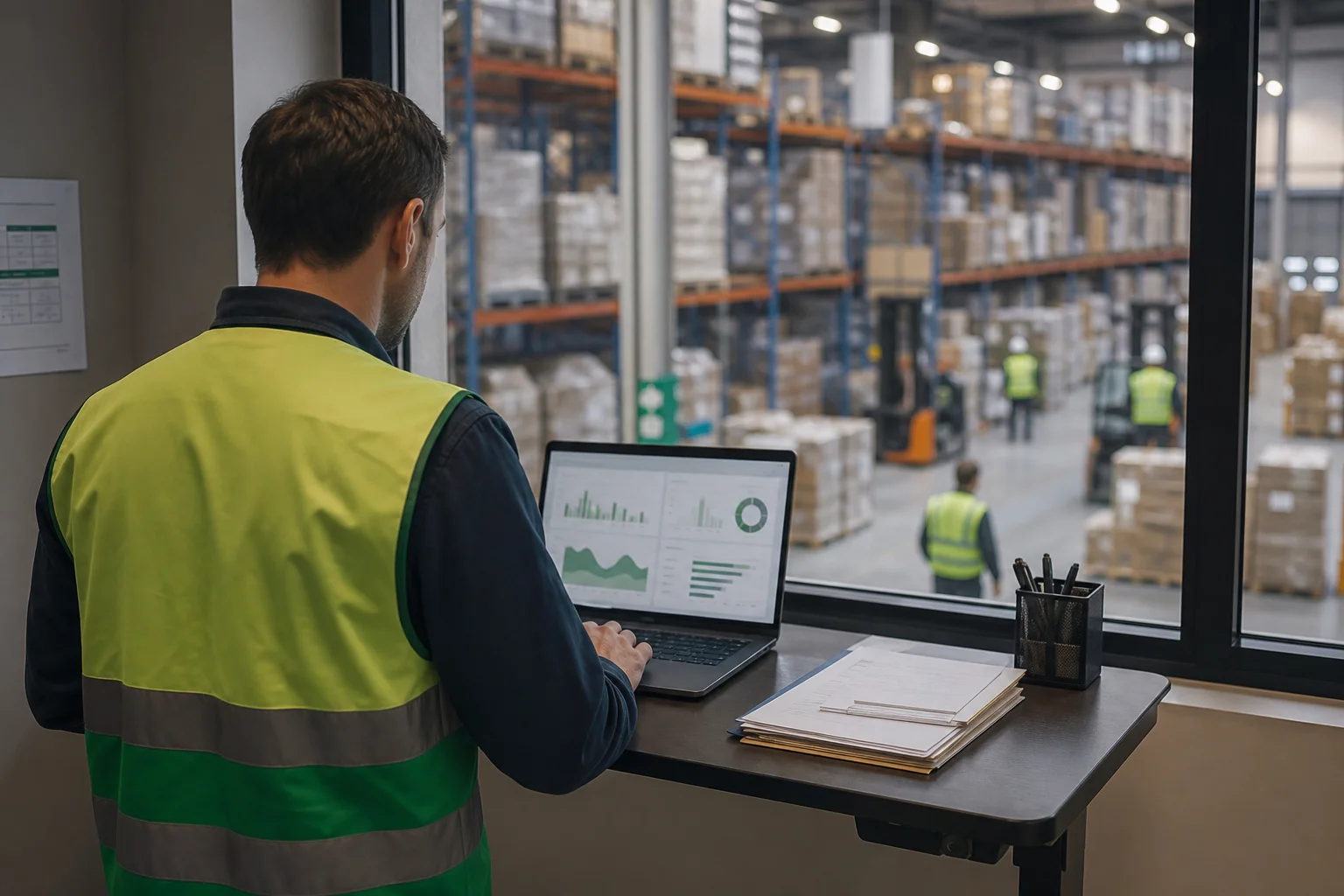account manager reviewing warehouse throughput and accuracy metrics overlooking the floor