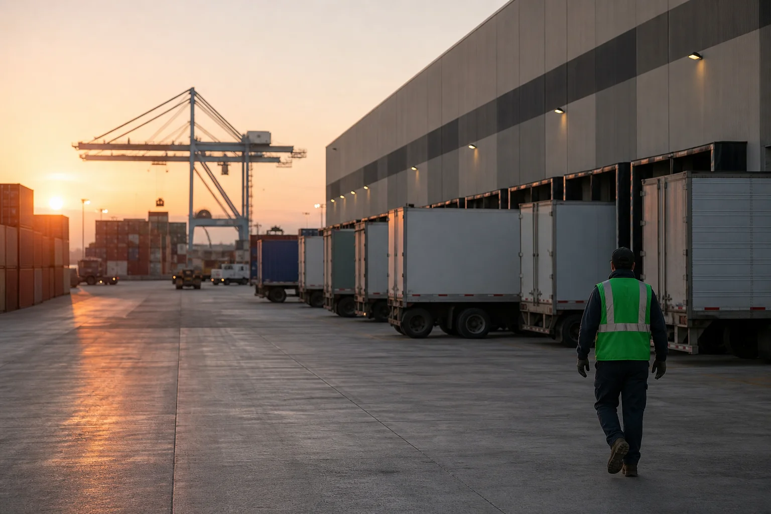intermodal port container yard and distribution center dock doors at sunrise