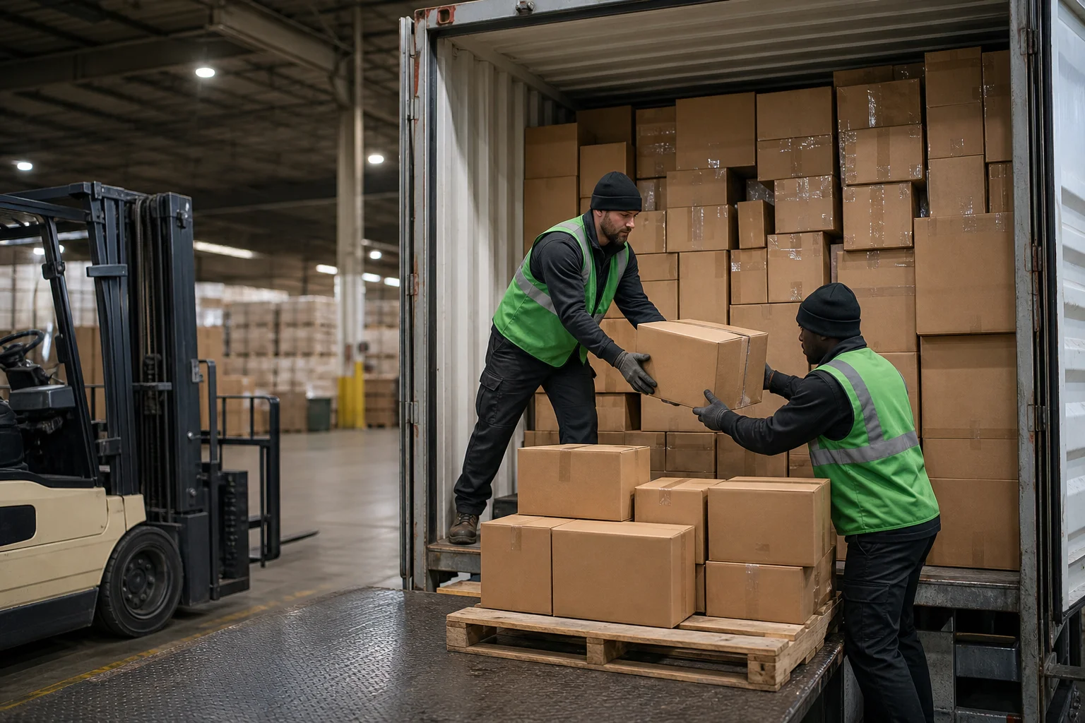 two warehouse workers devanning a floor loaded shipping container onto a pallet at a dock