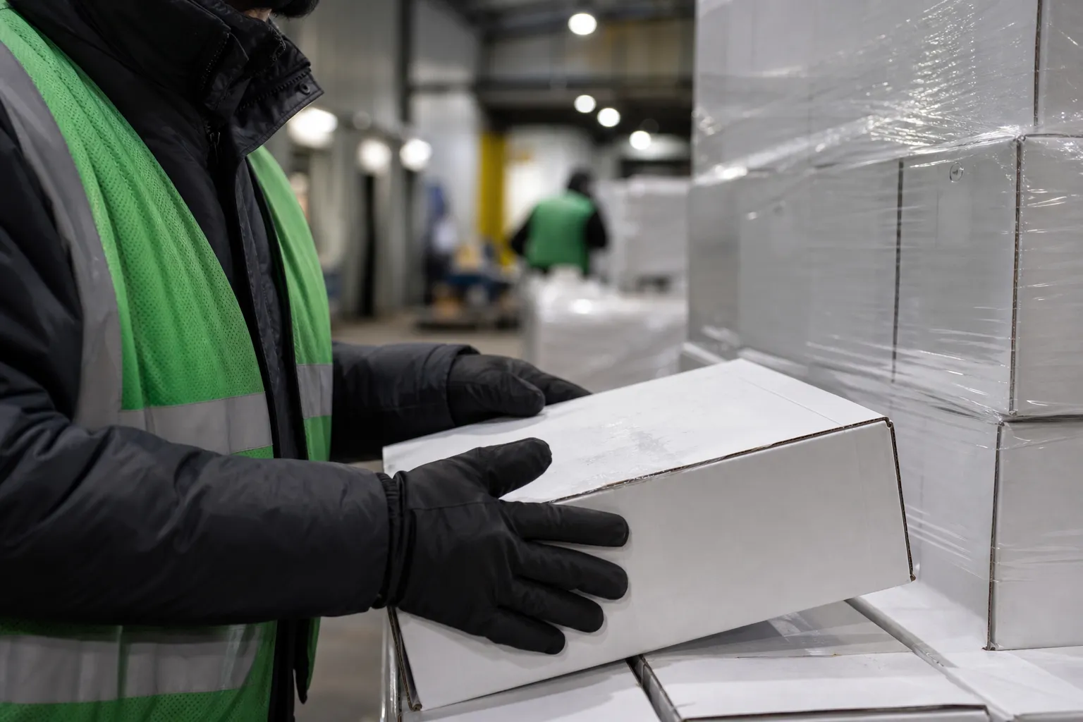 warehouse worker in gloves checking a case on a pallet at a cold dock as part of a quality check