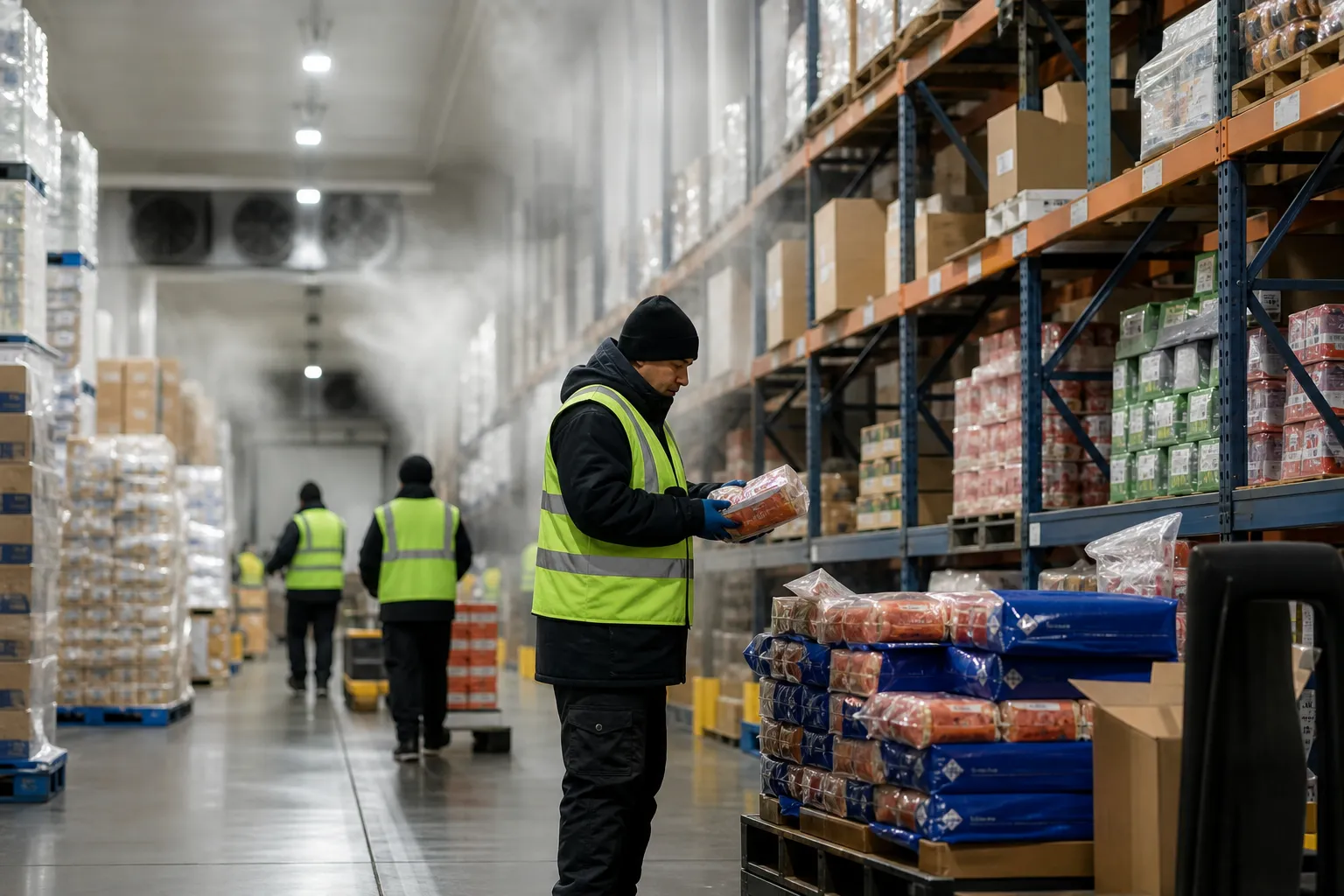 warehouse crew case-picking chilled product in a refrigerated grocery distribution center